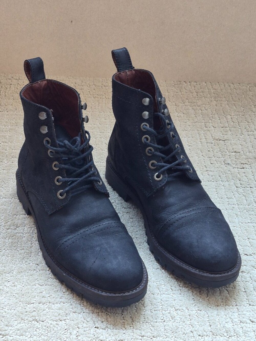 Patina Black Leather Lace Up Boots Men 9 Combat Cap Toe Lug Sole Made Mexico
